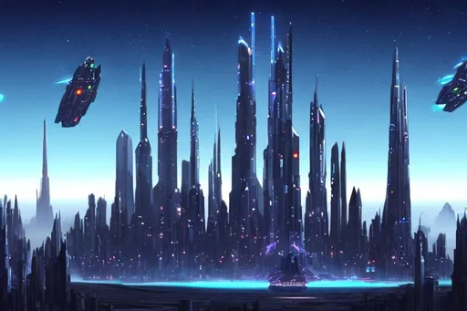 Prompt: Futuristic Tall black towers on deep dark ocean dark sky spaceships night lights hover ships dark tall city lots and lots of small floating ships hovering