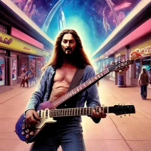 Prompt: Alien Jesus playing a double-necked Guitar for spare change in a busy alien mall, widescreen, infinity vanishing point, galaxy background, surprise easter egg