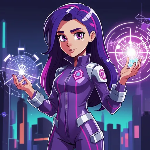 Prompt: cyberpunk equestria girls twilight sparkle wearing a high-tech jumpsuit and casting magic