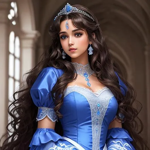 Prompt: Beautiful princess dressed in blue, wearing a tiara, long, brown,  very curly hair, dark brown eyes