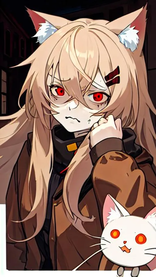 Prompt: cream hair colour, long hair,red eyes, girls anime, cat ear, brown jacket, hair pins, frightened face, haunted house, potrait