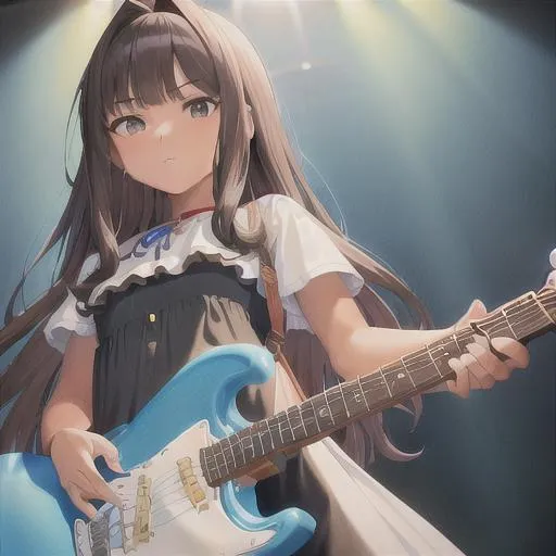 Prompt: (masterpiece, illustration, best quality:1.2), 1girl, solo, tanned skin, holding a blue fender Stratocaster,(petite body, white blouse, dark brown shorts:1.3), long curly hair, stray hairs, fluffy bangs, playful demeanor, shorts, ruffles, foggy black eyes, dark brown hair, finely detailed, detailed face, toned face, beautiful detailed eyes, beautiful detailed shading, beautifully detailed background