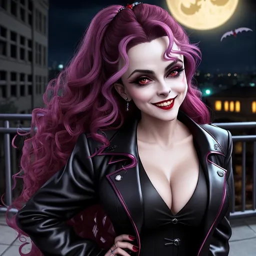 Prompt: Female Lasombra Vampire, 11th Generation, vampire, vampire real estate agent, looks like Helena Bonham Carter, dressed for the office, blood splashed across his cheek, his shadow forms a creepy tentacle, inspired by Alucard from Hellsing, vampire the masquerade, detailed symmetrical face, malicious grin showing perfect teeth, city at night style background, well lit by street lights, vampire, real, alive, real skin textures,