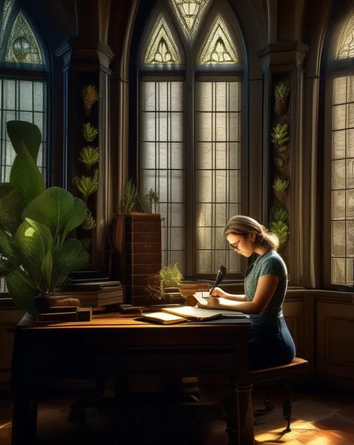 Prompt: Soft daylight streams in through tall arched windows, illuminating a biologist as she examines plant specimens under a microscope, taking notes in a leather journal. Old school academia. In the style of Irving Penn. ultra detailed, highly detailed scenario, photorealistic, intricate, masterpiece, UHD, HDR, symmetric, coherent, epic detail, stunning, beautiful, ,lumen render ,lumen path tracing ,path tracing light ,path tracing shadow ,path tracing special fx, 