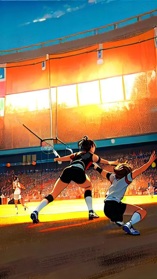 Prompt: Create an oil painting showing an exciting mixed volleyball match with players of both genders in action.