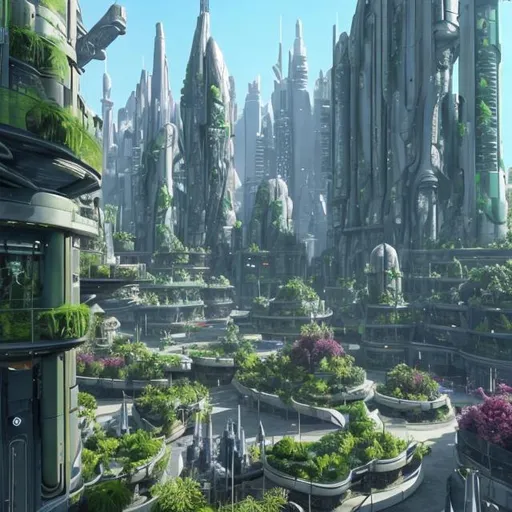 Prompt: Coruscant in futuristic Ireland with lot of plants 