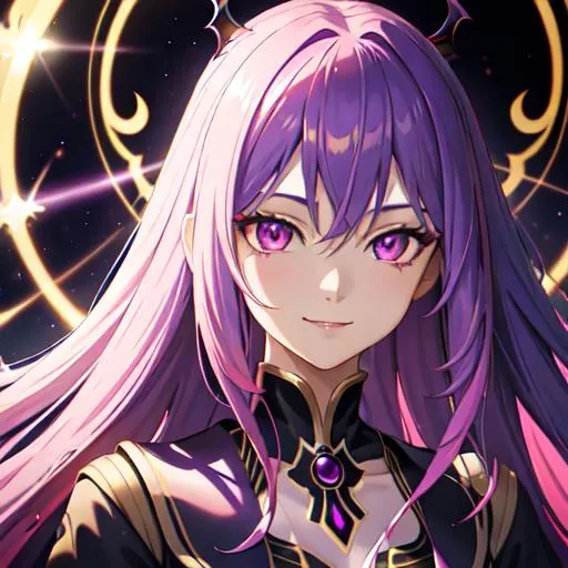 Prompt: detailed background, portait  young woman, smile yandere, purple and deep blue long hair, light yellow upside hair, dark pink eyes, lights and shadows efects, magic efects, the chaos of light, tuning colors, detailed splash light colors efects, empress of demon, crazy shadows efects