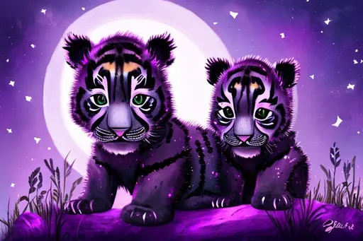 Prompt: one cute black tiger cub with purple strips in the moon light