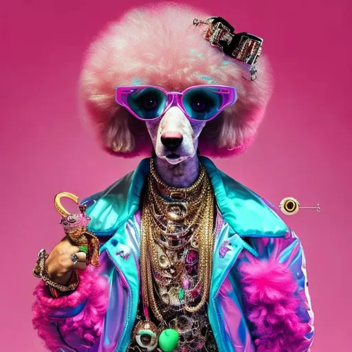 Prompt: poodle as a  rapper in pimp outfit, golden necklace in shape of a clock, neon color, fish eye view