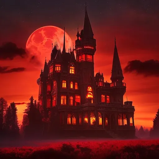 Prompt: A giant,evil,stunning,red,victorian castle with a red glowing sky