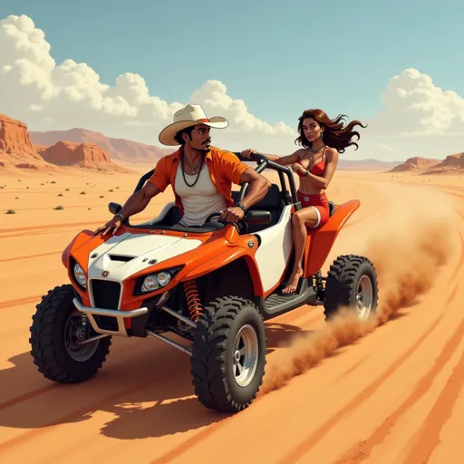 Prompt: On a dusty, sun-scorched racetrack, @TRzJfEbYXKjmZAhFV8fB  drifts alongside a fierce iranian woman with brown hair flowing beneath a red helmet. She’s in a matching racing suit, gripping the wheel of a 4 wheeler. Tires screech around a sharp bend as sand kicks up, their eyes locked through tinted windows as they battle for the lead beneath the desert sun.