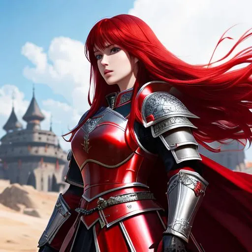 Prompt: red haired knight girl, wears full armor with red robe, hair blowing in the wind, highly detailed face, highly detailed eyes, highly detailed body, full body, whole body visible, full character visible, soft lighting, high definition, ultra realistic, unreal engine 5, 8K, digital art