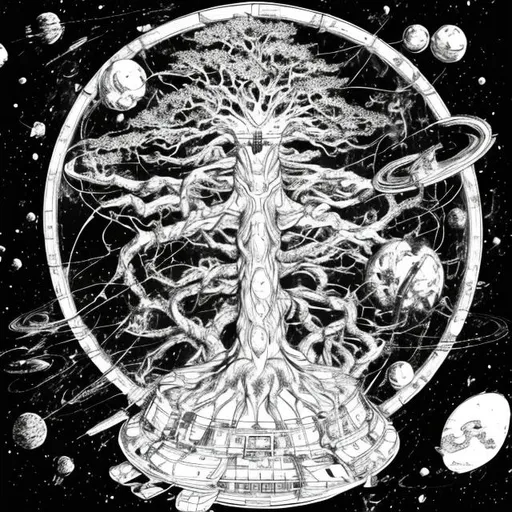 Prompt: yggdrasil on a space boat
png black and white


