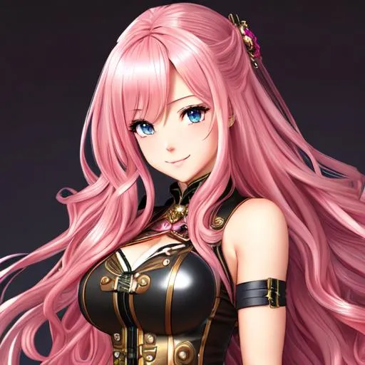 Prompt: extremely realistic, hyperdetailed, extremely long pink wavy hair anime girl, blushing, smiling happily, wears steampunk clothing, toned body, showing abs midriff, highly detailed face, highly detailed eyes, full body, whole body visible, full character visible, soft lighting, high definition, ultra realistic, 2D drawing, 8K, digital art