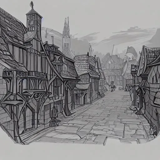 Prompt: Medieval town, sketch, single color on a parchment. 4k