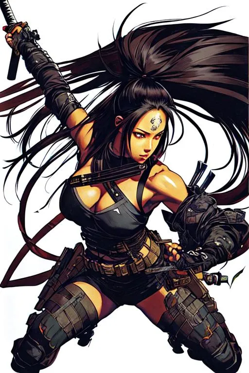 Prompt: (((Yoji Shinkawa))), sticker of ultra detailed portrait of Aaliyah Dana Haughton in black ninja outfit holding sheathed katana, high quality cell shaded illustration in post apocalyptic style by Yoji Shinkawa, ((full body)), dynamic pose, perfect anatomy, centered, freedom, soul, black long hair, approach to perfection, cell shading, 4k , cinematic dramatic atmosphere, watercolor painting, global illumination, detailed and intricate environment, artstation, concept art, fluid and sharp focus, volumetric lighting, cinematic lighting, Art by Yoji Shinkawa,