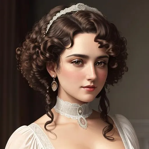 Prompt: An attractive 35 year old woman with very curly hair, elegant, Victorian era, 19th century, facial closeup