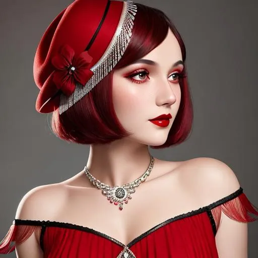 Prompt: a pretty girl  dressed in red,  flapper, wearing a  large red hat 1920's era, bob hair cut, 1920's era makeup, facial closeup