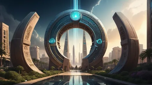 Prompt: magical portal between cities realms worlds kingdoms, circular portal, ring standing on edge, upright ring, freestanding ring, hieroglyphs on ring, complete ring, obelisks, egyptian architecture, gardens, hotels, office buildings, shopping malls, large wide-open city plaza, panoramic view, night sky, futuristic cyberpunk dystopian setting