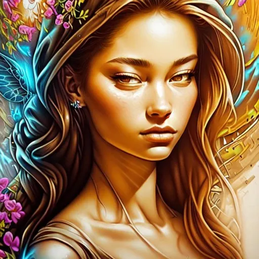 Prompt: a fairy goddess surrounded with wildflowers