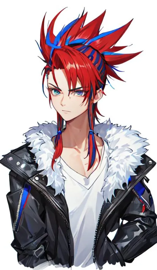 Prompt: Aster, 1 male. intimidating, blue and red mohawk