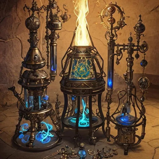 Prompt: It is an intricate amalgamation of alchemical apparatus, enchanted tools, and arcane sigils. The forge emanates a soft, pulsating glow, and a faint scent of exotic reagents and molten metals fills the air.