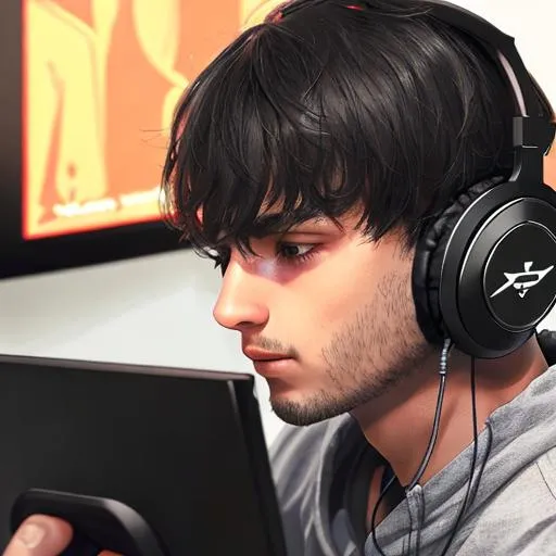 Prompt: a guy playing games with black headphones

