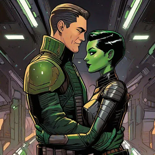 Prompt: An adult man, scifi pilot. with extremely short slicked back brown pompadour undercut hair with trimmed whiskers, futiristic fully dark entirely jet black leather jacket. well drawn face. green feline eyes, he is hugging A green skinned scifi green female woman with green skin. with short black hair. mandalorian uniform. she has green skin. well drawn green face. detailed. green character, green race, detailed. star wars art. 2d art. 2d, completely matte,