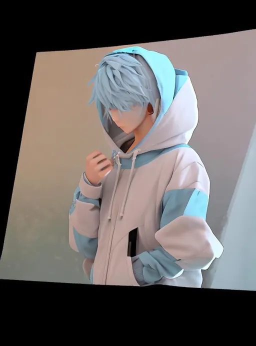 Prompt: 2d blender anime art style, light blue color scheme, character wearing hoodie, frost on jacket, modern style