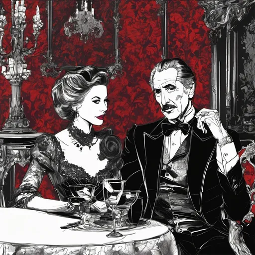 Prompt: (Christopher Lee talking to Vincent Price), Black and White pen and ink sketch style, dark color scheme, elegantly gothic attire, intricate details, dim lighting, dramatic shadows, opulent background, luxurious textures, ornate furniture, deep reds and blacks, baroque patterns, solemn atmosphere, rich color tones, dark romanticism, ultra-detailed, 4K, photorealistic masterpiece, timeless elegance.