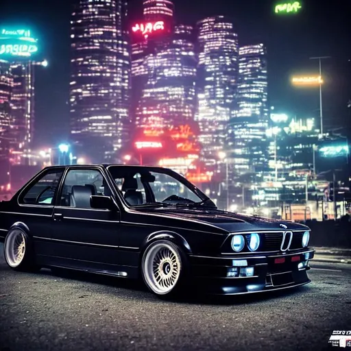 Prompt: customised bmw e30 with widebody with "nigger"writen on the license plate.  at night under a bridge, in a futuristic dark cyberpunk city with futuristic skyscrapper and building  full of neon light in the background.