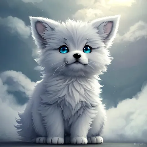 Prompt: Cute, very, very, light gray, fluffy, fantasy light puppy, with cloudy, white eyes, very, light, light, gray fur, and possessing the element of air and making circles of clouds and air move around in the air in a magical way, in a space background. Perfect features, extremely detailed, realistic. Krenz Cushart + loish +gaston bussiere +craig mullins, j. c. leyendecker +Artgerm.