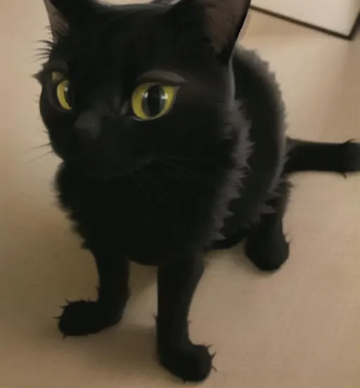 Prompt: a black cat with big eyes