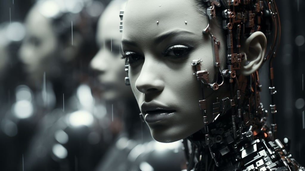 Prompt: facial reconstruction for facial expressions facial recognition stock videos & royaltyfree footage, in the style of afrofuturism-inspired, ando fuchs, distinctive black and white photography, futuristic sci-fi aesthetic, cristina mcallister, security camera art, circuitry