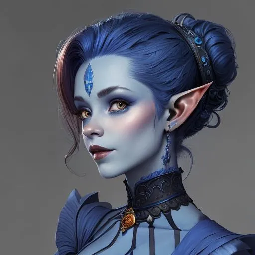 Prompt: Beautiful goblin woman portrait wearing blue, elaborate updo hairstyle,auburn hair, adorned