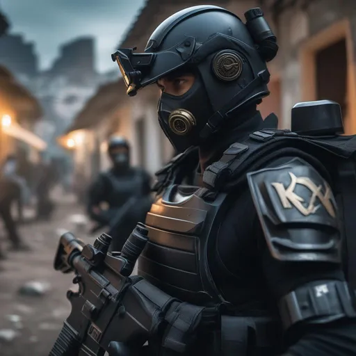 Prompt:  A sci fi futuristic roman military male in black military armor galea helmet of roman armor, and gas mask, violent war in slum of Rio de Janeiro, Brazil, shooting guns, sharp focus, Professional, UHD, HDR, 8K,  Render, electronic, nervous vibe, loud, tension, dark, Epic