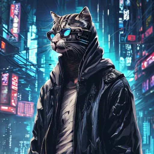 Prompt: A feline-like human, a cyberpunk setting, looks like a human, wearing clothes, a loose hoodie covering his head


