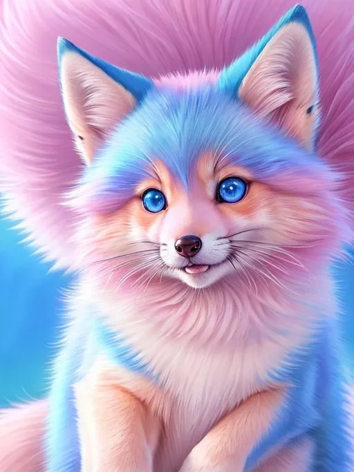 Prompt: pink fox, realistic, epic oil painting, pastel colors, large round blue eyes, hyper detailed eyes, (hyper real), furry, (hyper detailed), photorealism, extremely beautiful, (on back), sprawled, paws in the air, playful, raised paws, UHD, studio lighting, best quality, professional, extremely beautiful, glistening pink fur, billowing silver mane, glistening silver mane, highly saturated colors, thick oil texture, masterpiece, ray tracing, 8k eyes, 8k, highly detailed, highly detailed fur, hyper realistic thick fur, (high quality fur), fluffy, fuzzy, (plump:1.7), (cute fangs, open mouth:1.5), full body shot, hyper detailed eyes, perfect composition, realistic fur, fox nose, highly detailed mouth, realism, ray tracing, soft lighting, studio lighting, masterpiece, trending, instagram, artstation, deviantart, best art, best photograph, unreal engine, high octane, cute, adorable smile, lazy, peaceful, (highly detailed background), vivid, vibrant, intricate facial detail, incredibly sharp detailed eyes, rows of blossoming sakura trees, incredibly realistic fur, concept art, anne stokes, yuino chiri, character reveal, extremely detailed fur, sapphire sky, complementary colors, golden ratio, rich shading, vivid colors, high saturation colors,, silver light beams