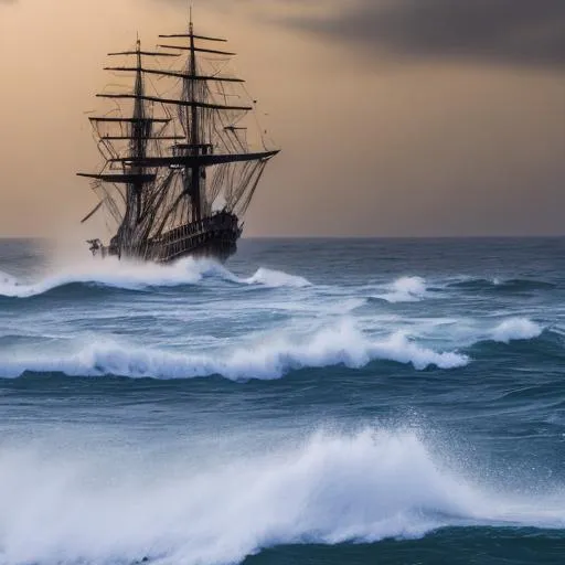 A pirate ship at sea with the waves coming up over t... OpenArt