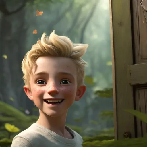 Prompt: Portrait of little boy Nick with blond hair and with a cute smiling face, Holding a sward in front of a wooden big door in the middle of a green forest full of light and butterflies and beautiful little animals around him, perfect composition, hyperrealistic, super detailed, 8k, high quality, trending art, trending on artstation, sharp focus, studio photo, intricate details, highly detailed, Make the image vivid.