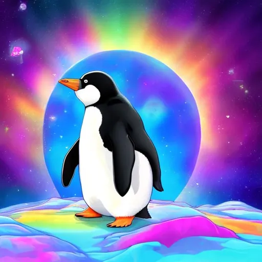 Prompt: Penguin on an ice floe in outer space in the style of Lisa frank