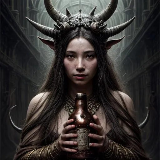 Prompt: An ancient demon, holding a bottle containing the universe, detailed scene, digital painting, hyperrealistic, fantasy, Surrealist, by Brian Froud and Stanley Artgrem Lau, artstation, highly detailed, sharp focus, wide angle shot, sci-fi, stunningly beautiful, dystopian, cinematic lighting, dark fantasy, hell