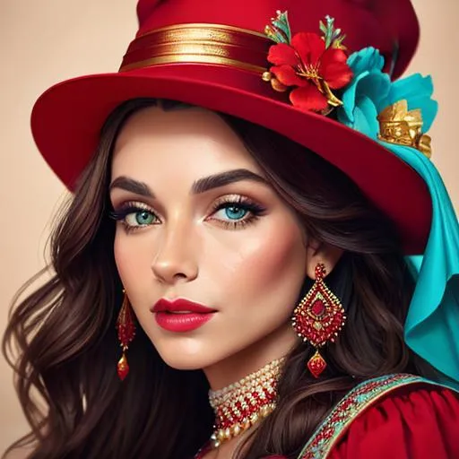 Prompt: Beautiful ethereal woman. color scheme of tuquoise and red., wearing turquoise and gold jewlery, wearing a red hatwith red flowers, facial closeup
