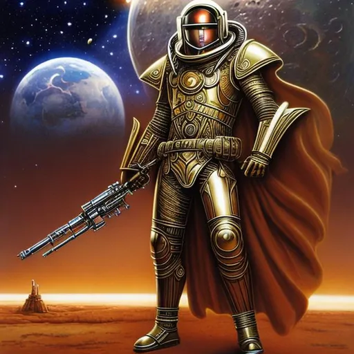 Prompt: Sutton hoo helm, sci-fi, spaceman, rocketman, celtic armor, looking at camera, blaster pistol, on an alien moon, in the style of julie bell and boris vallejo, armor