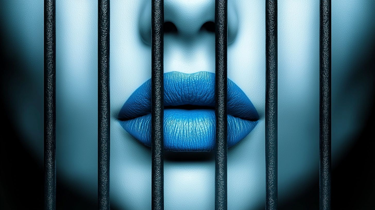 Prompt: An ultra-high-resolution, stunning fantasy 3D render featuring a beautiful android woman with blue makeup. She stands behind the bars of a cage, her lips parted in an alienating expression. Her visage is contourless, enhancing her otherworldly appearance. The scene is illuminated with blue and black bioluminescent surfaces, creating a surreal atmosphere. Inspired by Rankin's photography, the image captures a mannequin-like figure resembling an exquisite avatar. The overall composition blends futuristic elements with a sense of isolation and intrigue.