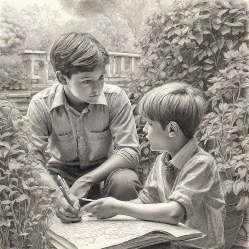 Prompt: intricate details, A boy asking question to the teacher, in the garden, Pencil Art, Sketch