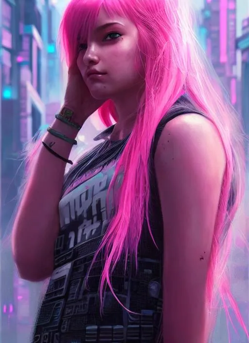 Prompt: Portrait of a cyberpunk girl with pink hair and with cute face, futuristic cyberpunk city, perfect composition, hyperrealistic, super detailed, 8k, high quality, trending art, trending on artstation, sharp focus, studio photo, intricate details, highly detailed, by greg rutkowski