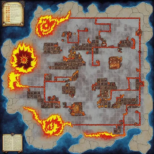 Prompt: dungeons and dragons 5e, grid map, square, dwarven underground city on fire, top-down, wide paths, buildings, dark, detailed, artistic, smoke