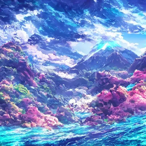 Prompt: an OCEAN surround by mountain and kids are trying to reach the ocean through mountain, hyper realistic , anime , 8k , colourful , dreamy , heroic 