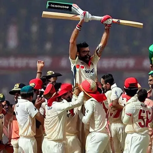 Prompt: virat kohli roaring with his bat up in the air and his team mates lift a trophy
 